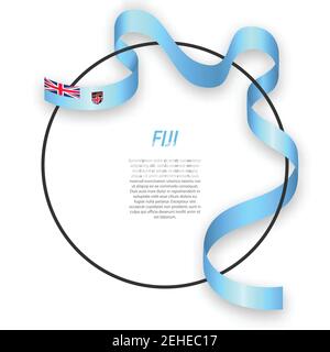 Waving ribbon flag of Fiji on circle frame. Template for independence day poster design Stock Vector