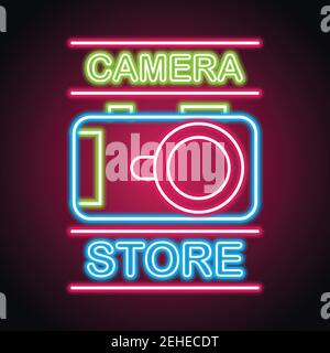 camera equipment with neon sign effect for camera store. vector illustration Stock Vector