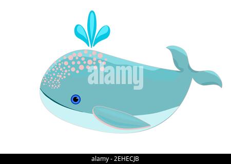 Sea whale isolated on white background. Cartoon cute whale with water fountain. Narwhal splashing water through blowhole. Stock vector illustration Stock Vector