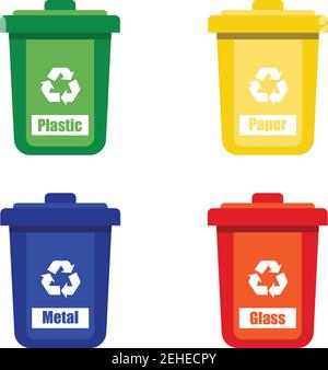 colored trash cans blue red with metal, paper, plastic, glass and ...