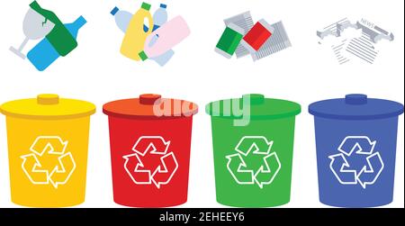 colored trash cans blue red with metal, paper, plastic, glass and organic waste suitable for reuse reduce recycle. waste sorting garbage. vector Stock Vector