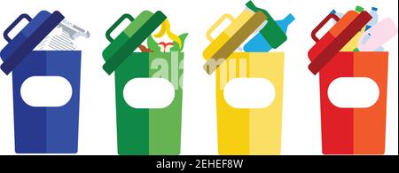 colored trash cans blue red with metal, paper, plastic, glass and organic waste suitable for reuse reduce recycle. waste sorting garbage. vector Stock Vector
