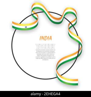 Waving ribbon flag of India on circle frame. Template for independence day poster design Stock Vector