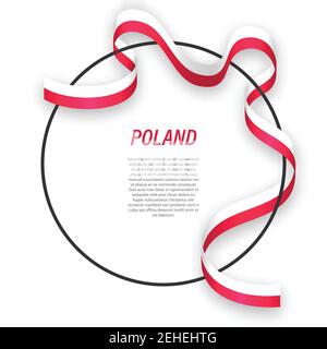 Waving ribbon flag of Poland on circle frame. Template for independence day poster design Stock Vector