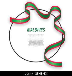 Waving ribbon flag of Maldives on circle frame. Template for independence day poster design Stock Vector