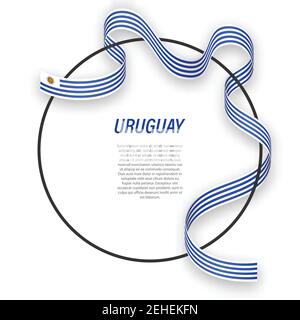 Waving ribbon flag of Uruguay on circle frame. Template for independence day poster design Stock Vector