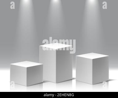 Collection of different highs museum exposition, blank product stands. 3d realistic vector square podiums with spot light and transparent background. Stock Vector