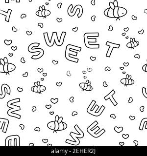 Seamless vector pattern of outline cartoon simple bees, hearts, Sweet letters text. White background, elements are isolated separately, it can be used Stock Vector