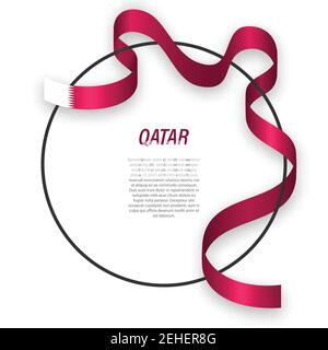 Waving ribbon flag of Qatar on circle frame. Template for independence day poster design Stock Vector