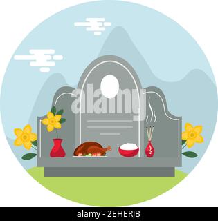 Qingming or Ching Ming festival, also known as Tomb-Sweeping Day in English, a traditional Chinese festival vector illustration. Stock Vector