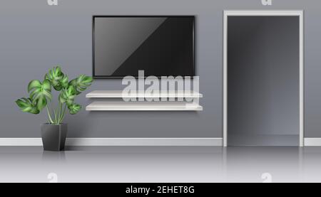 3d realistic vector living room with open door and black screen on the wall with white book shelves and floor plant. Stock Vector
