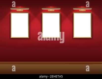 3d realistic vector museum room with mock up pictures frames on hanging the red wall. Stock Vector