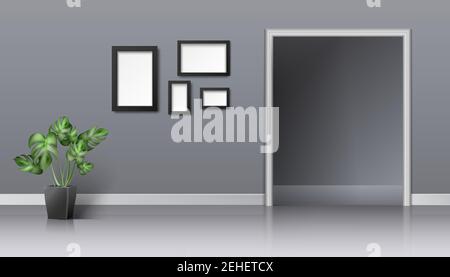 3d realistic vector interior design of living room with entrance floor plant and picture frames on the wall. Stock Vector