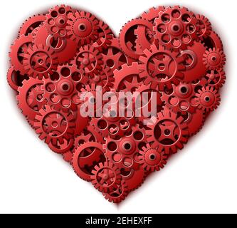 3d realistic vector red heart made of gears. Isolated on white background. Stock Vector