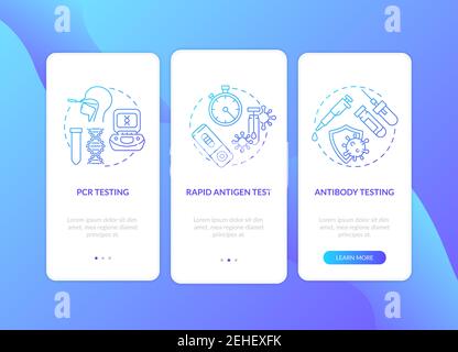 Coronavirus testing types onboarding mobile app page screen with concepts Stock Vector
