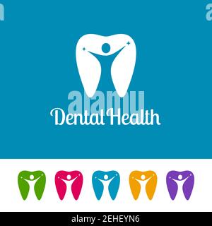 Colorful tooth icons with human figures on white and blue background. Abstract dental logos with negative space. Stock Vector