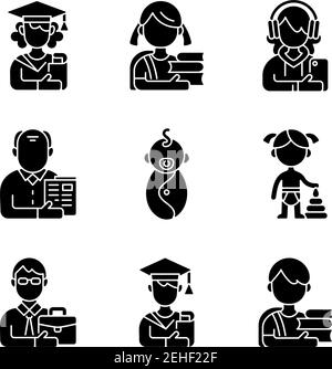 Age and gender differences black glyph icons set on white space Stock Vector