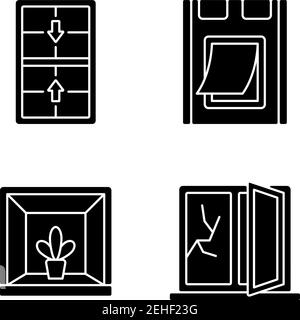Installing windows and doors black glyph icons set on white space Stock Vector