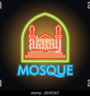 masjid or islamic centre neon sign for Muslims Pray. vector illustration Stock Vector