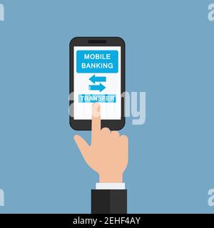 money transaction on mobile banking app,  hand holding mobile for on line business concept. vector illustration Stock Vector