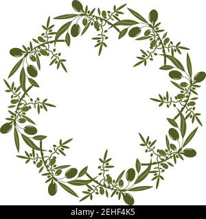 Olive wreath with berries and leaves. Hand drawn floral vector border with olive fruit and tree branches with leaves isolated on a white background. F Stock Vector
