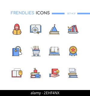 Reading - modern line design style icons set. Learning, online library idea. Reader, search, motivation books, shelf, audiobooks, cart, best sellers, Stock Vector