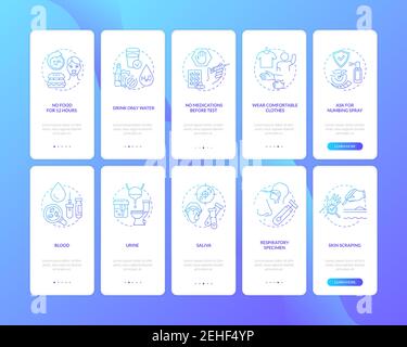 Lab diagnostic procedures onboarding mobile app page screen with concepts set Stock Vector