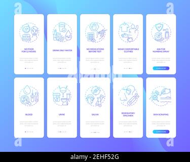 Lab diagnostic procedures onboarding mobile app page screen with concepts set Stock Vector