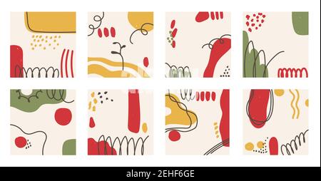 Set of vector abstract square backgrounds. Modern trendy illustrations in doodle style. Multicolor hand drawn spots and lines. Stock Vector