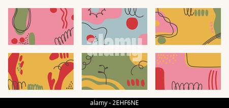 Set of vector abstract backgrounds 16x9. Modern trendy illustrations in doodle style. Multicolor hand drawn spots and lines. Stock Vector