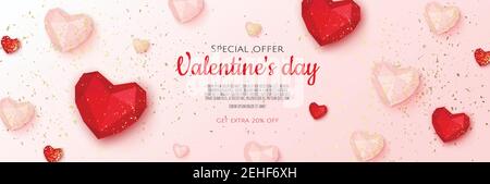 Happy Valentine s Day. Horizontal banner, header template for the website. Realistic design elements, red hearts with sparkles confetti. Stock Vector