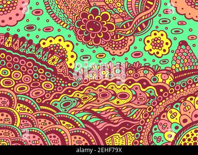 Colorful illustration with doodle landscape. Sea, ocean waves, sunset, clouds in the sky. Surreal psychedelic Bright multicolor artwork. Vector Stock Vector