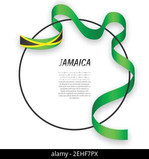 Waving ribbon flag of Jamaica on circle frame. Template for independence day poster design Stock Vector