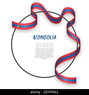 Waving ribbon flag of Mongolia on circle frame. Template for independence day poster design Stock Vector