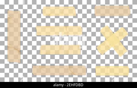 Adhesive or masking tape set isolated on transparent background. Vector realistic beige decorative adhesive tape pieces. Stock Vector