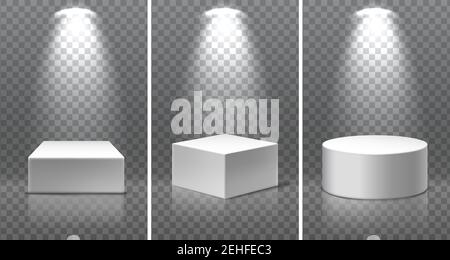Set of museum exposition blank product stands. 3d realistic vector square, round and at the angle podium with spot lights and transparent background. Stock Vector