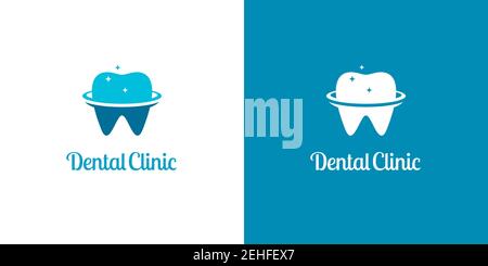 Tooth icons with orbit shapes and star lights on white and blue backgrounds. Abstract dental logo designs. Stock Vector