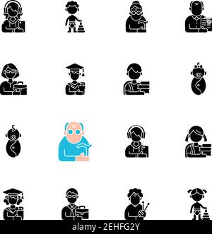 Different age and gender groups black glyph icons set on white space Stock Vector
