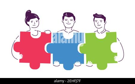 People connecting puzzle pieces. Teamwork, partnership concept vector illustration Stock Vector