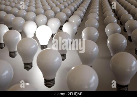 Light bulb lit among many other unlit bulbs. 3d illustration. Stock Photo
