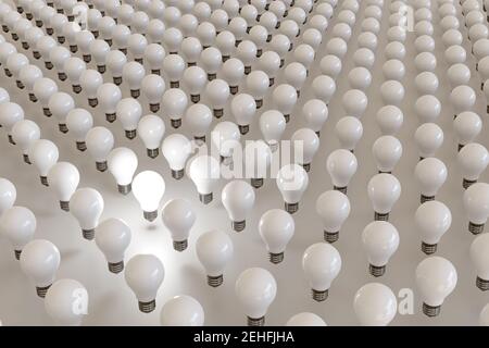 Light bulb lit among many other unlit bulbs. 3d illustration. Stock Photo