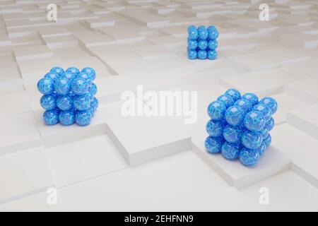 Blue spheres on white cubes. Abstract design. 3d illustration. Stock Photo