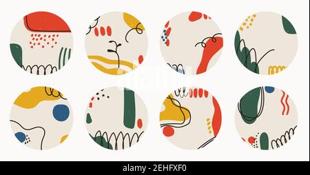 Set of vector abstract round backgrounds. Social media story covers. Modern trendy illustrations in doodle style. Multicolor hand drawn spots and Stock Vector