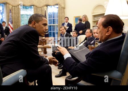 President Barack Obama meets with Italian Prime Minister Silvio Berlusconi in the Oval Office of the White House, June 15, 2009. Stock Photo