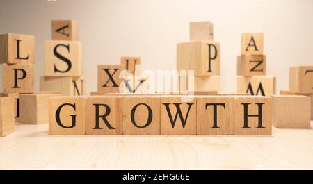 The word growth is from wooden cubes. Economy state government terms. Background made of wooden letters. Stock Photo