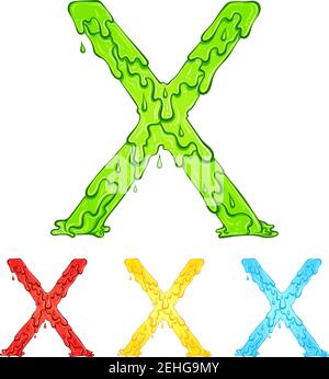 Letter X with flow drops and goo splash. Color illustration of the symbol x in four colors green, red, yellow, blue. Dripping liquid. Vector font in hand drawn style isolated on white background. Stock Vector