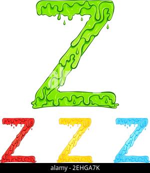 Letter Z with flow drops and goo splash. Color illustration of the symbol z in four colors green, red, yellow, blue. Dripping liquid. Vector font in hand drawn style isolated on white background. Stock Vector