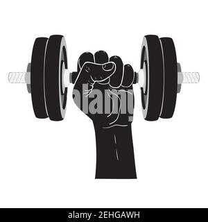 Human hand holding dumbbells, sports themed illustration. Stock Vector