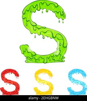 Letter S with flow drops and goo splash. Color illustration of the symbol s in four colors green, red, yellow, blue. Dripping liquid. Vector font in hand drawn style isolated on white background. Stock Vector