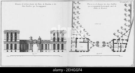 Palais de Bourbon - Élévation et plan au rez-de-chaussée des bâtimens de la porte d'entrée - Architecture françoise Tome1 Livre2 Ch23 Pl2. Stock Photo